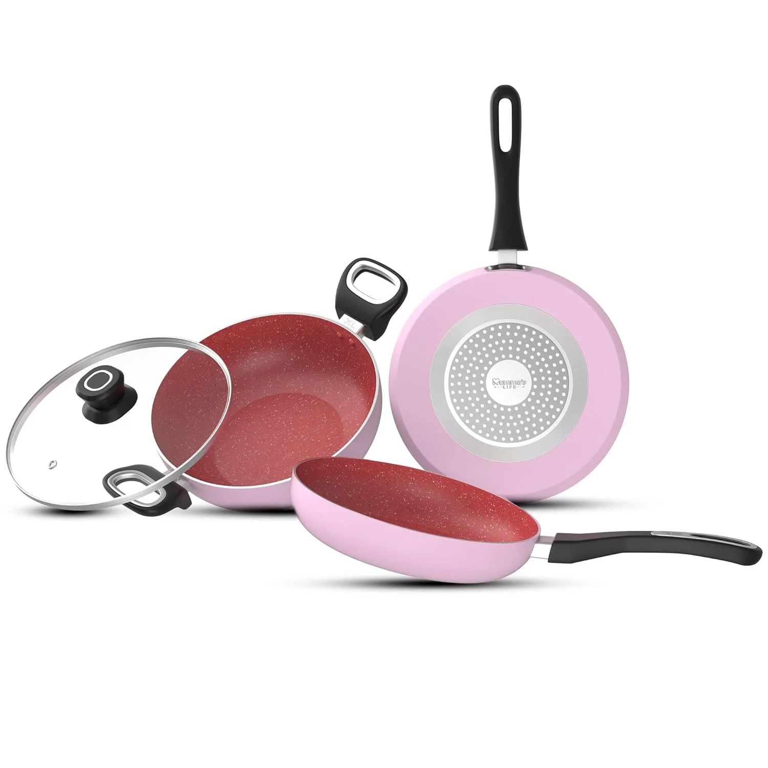 Mummas-LIFE-Non Stick Aluminium Cookware Set 24cm Pink | Kadai Fry Pan Tawa Set India